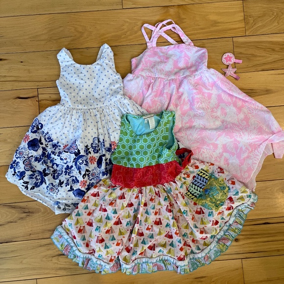 Girls Summer Cotton Party Dress Bundle Size 4-5 with Matching Hair Clips